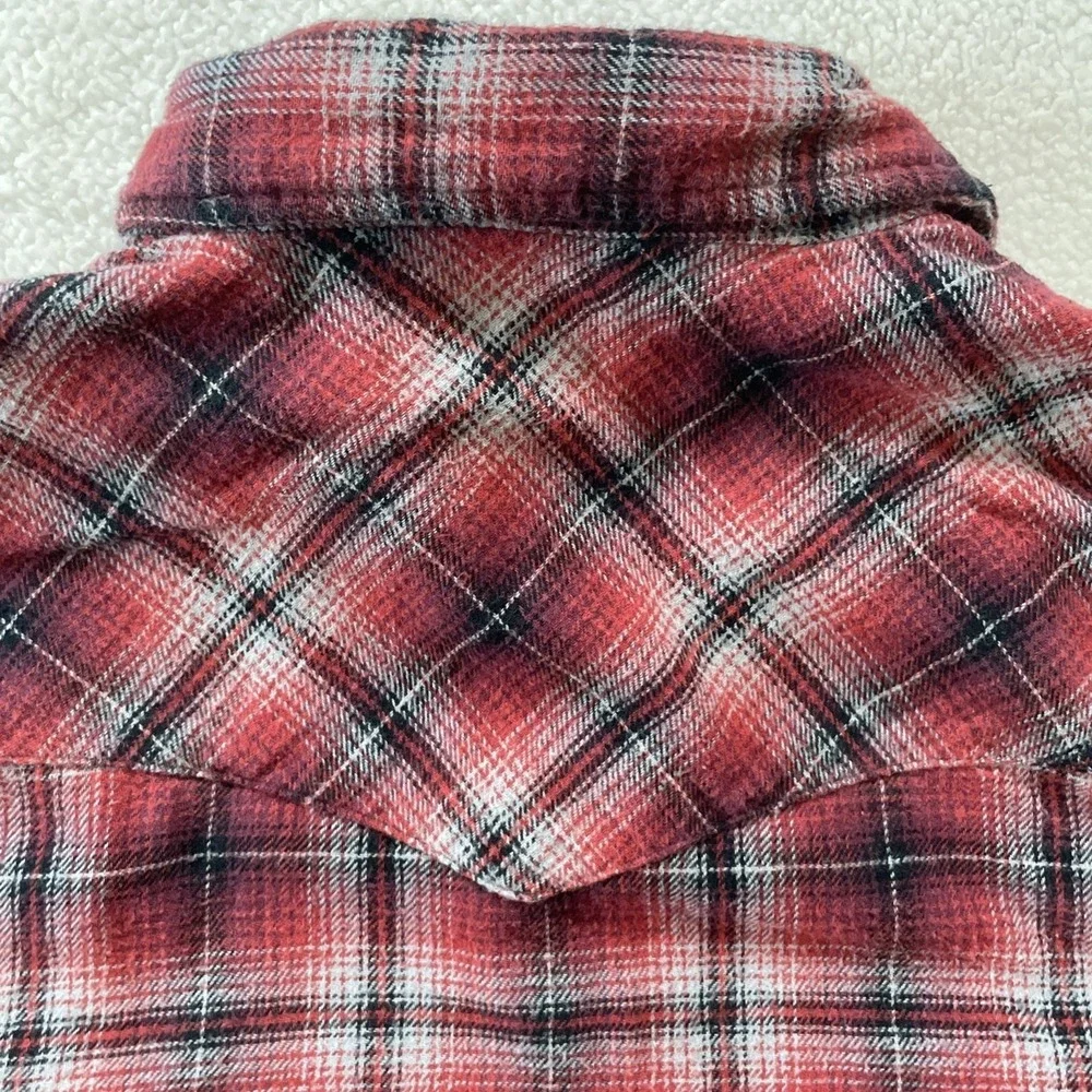 90s Vintage Wrangler Wrancher Mens XL Shirt Red Plaid Flannel Western Pearl Snap